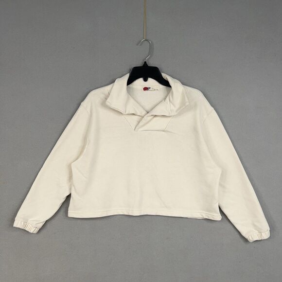 FP Beach Sweatshirt Womens Small Ivory Shawl Collar Pullover Cropped Made USA - Picture 1 of 15